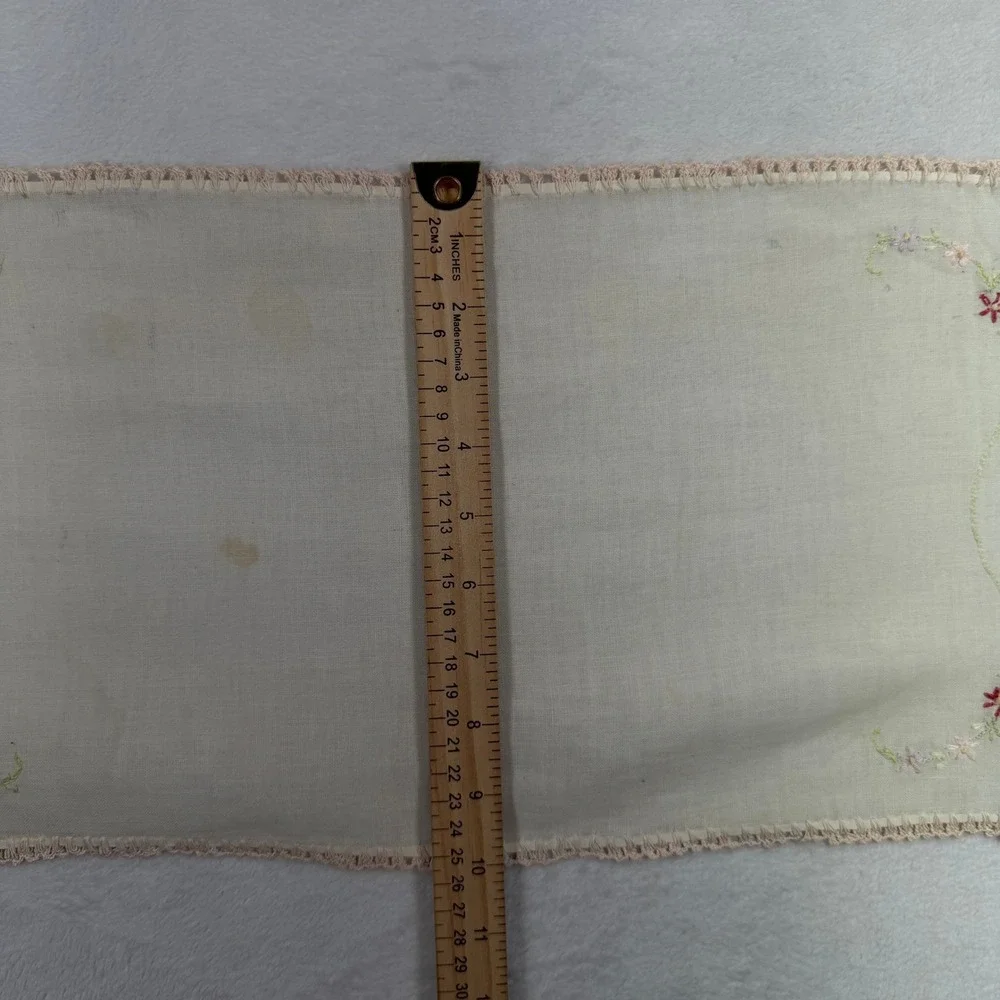 Vintage 35x10 Dresser Runner Hand Embroidered Floral Figures Cream Crochet Trim